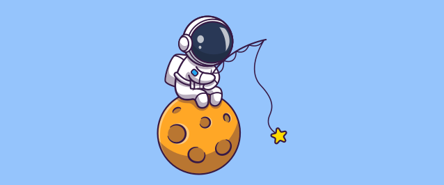 An illustration of an astronaut sitting on the moon holding a fishing rod with a star at the end of the line.