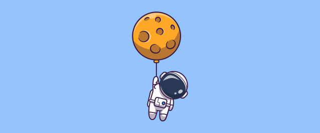 An illustration of an astronaut holding onto a balloon shaped like the moon.