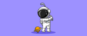 An illustration of an astronaut preparing to hit a tiny planet with a golf club.