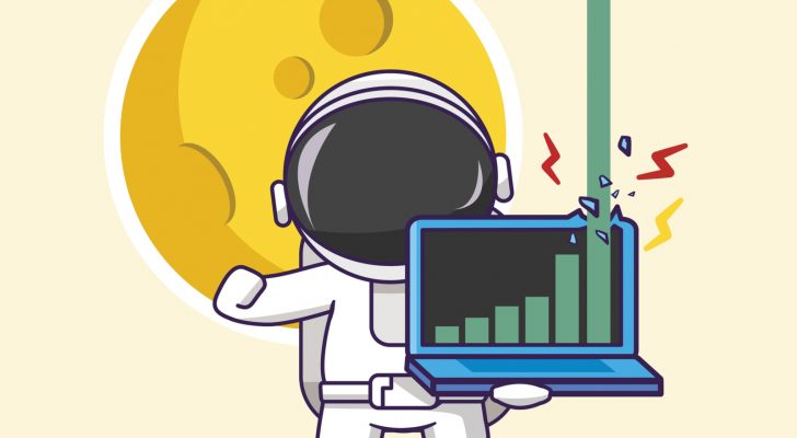 An illustration of an astronaut holding a laptop with an exploding chart on it; space stock
