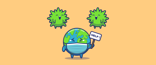 An illustration of a crying Earth holding a sign that reads "help!" next to two laughing virus-like orbs.