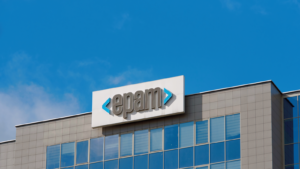 The logo for Epam Systems is seen on the side of an office building.