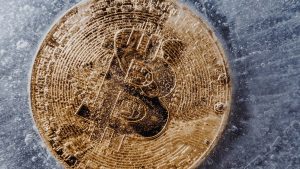 A Bitcoin coin frozen in ice.