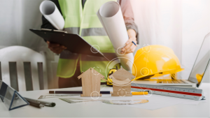 A photo of a person in a neon green vest holding blueprints and standing behind a white table covered with supplies like pencils, a computer, a ruler and two wooden house shapes.