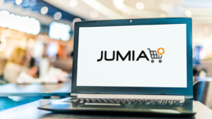 The Jumia logo on a laptop.