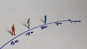 A concept image of a line of people at points on a line representing age. The line goes from 60 to 70 with figures at 60, 70 and 80.