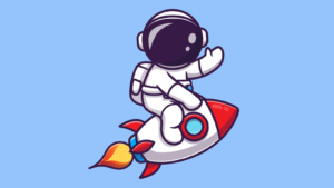 An illustration of an astronaut riding a rocket ship.