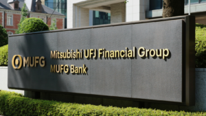 A sign outside of a Mitsubishi UFJ Financial Group (MUFG) Bank shows the company's logo.