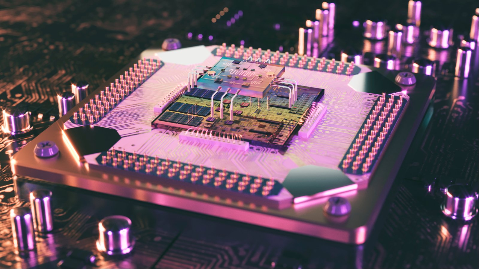 A concept image of a processor representing quantum computing.