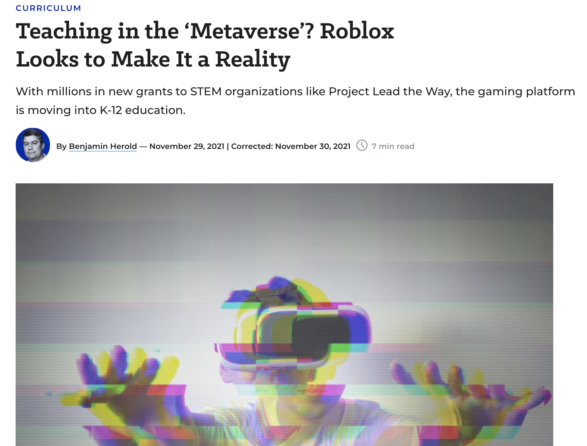 Article titled: Teaching in the Metaverse? Roblox Looks to Make It a Reality