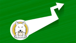 Image of the Saitama Inu crypto logo attached to a rising arrow on a green background.