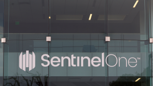 The logo for SentinelOne (S) is seen on on an office building.