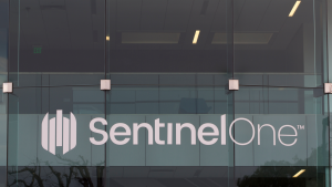 The logo for SentinelOne (S) is seen on an office building.