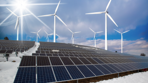 Solar panels and wind turbines are part of Kensho Clean Power ETF (CRGN) clean energy holdings