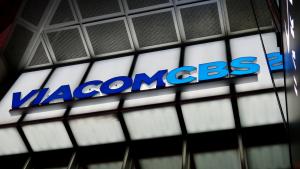 VIACOMCBS (VIAC) brand logo sign at headquarters building entrance at Times Square