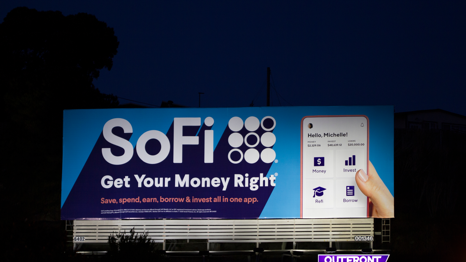 SoFi billboard seen at night.