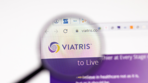 Viatris (VTRS) website page. Viatris.com logo on display screen