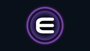 Enjin (ENG-USD) logo with crypto currency themed circle black purple background design.