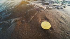  Single gold coin on the sand next to the water. Environment impact, using hydropower for mining concept