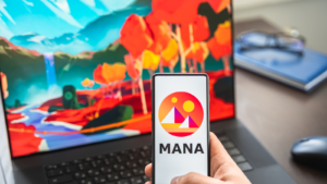 Screenshot of blockchain nft ethereum cryptocurrency game Decentraland (MANA) logo on laptop and mobile