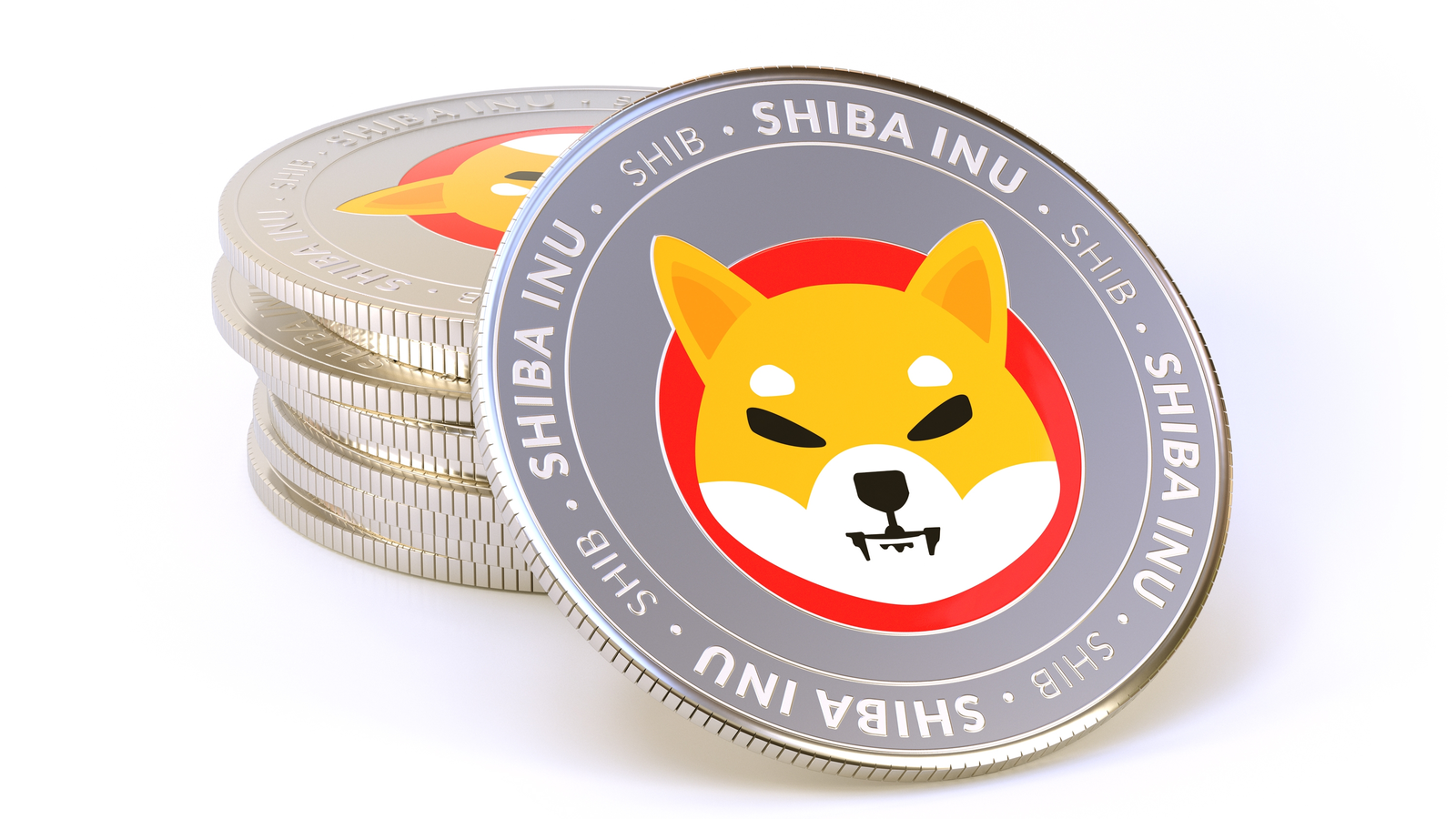 Shiba Inu Price Predictions. Stack of Shiba Inu (SHIB-USD) coins isolated on white background.