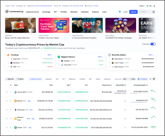 A screenshot of the CoinMarketCap homepage showing pricing errors on many cryptocurrencies.