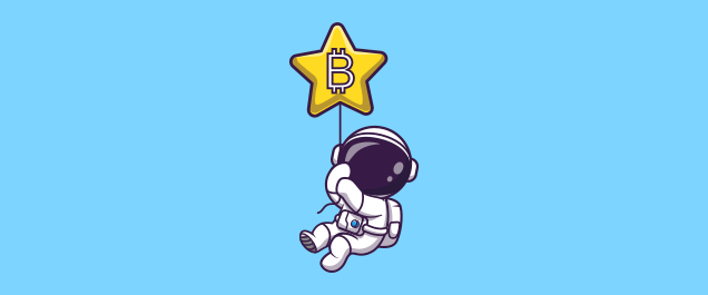Illustration of an astronaut holding a floating star shaped balloon with the Bitcoin B logo on it.