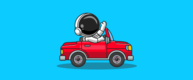 An illustration of an astronaut in a red convertible.