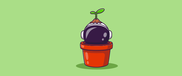 An illustration of an astronaut helmet on top of a flowerpot with a sprout growing out of the top of the helmet.