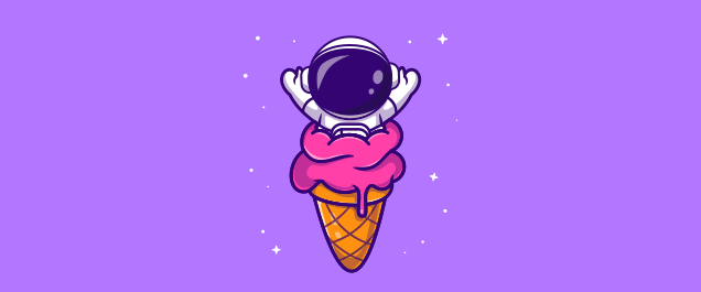 An illustration of an astronaut popping out of the top of a big ice cream cone.