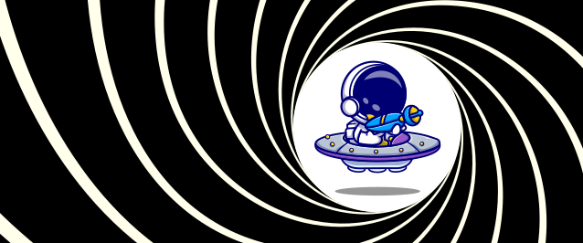 An illustration of an astronaut in a flying saucer holding a sci-fi gun. The astronaut is inside a series of concentric rings styled after the opening sequences from the James Bond series.
