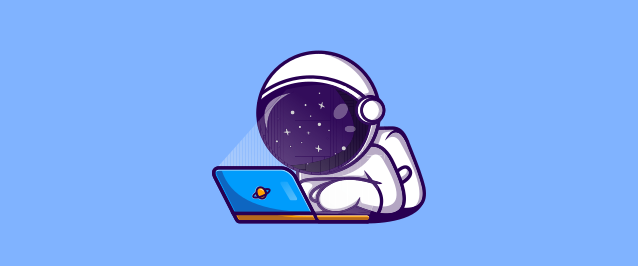 Una ilustración de un astronauta usando una computadora portátil.  La luz que se refleja en la pantalla del visor del astronauta parece estrellas.