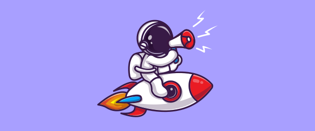 An illustration of an astronaut on a rocket holding a megaphone.