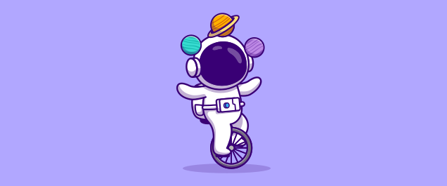 An illustration of an astronaut on a unicycle balancing several planets on their head.