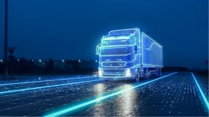 A concept image of an autonomous semi-truck on a road