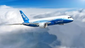 Boeing plane flying through clouds and sky with "Boeing" and. "787" written on the plane. Airline Stocks to Sell
