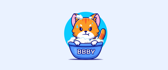 An illustration of a cat with an upset facial expression in a bathtub labeled "BBBY".