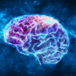 A concept image of a glowing blue brain to depict AI