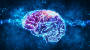 A concept image of a glowing blue brain. AI
