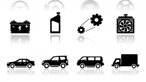 a black and white image with car accessories such as oil cans, fans, and batteries on top of images of a sedan, jeep, van, and truck