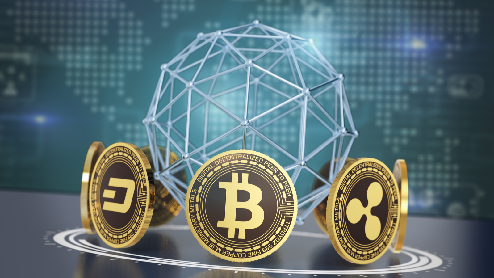 An image of several cryptocurrencies in a circle around a geodesic sphere.