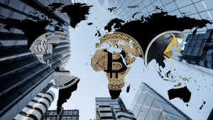 An image of various cryptocurrency representations overlaid on a world map, with skyscrapers in the background.