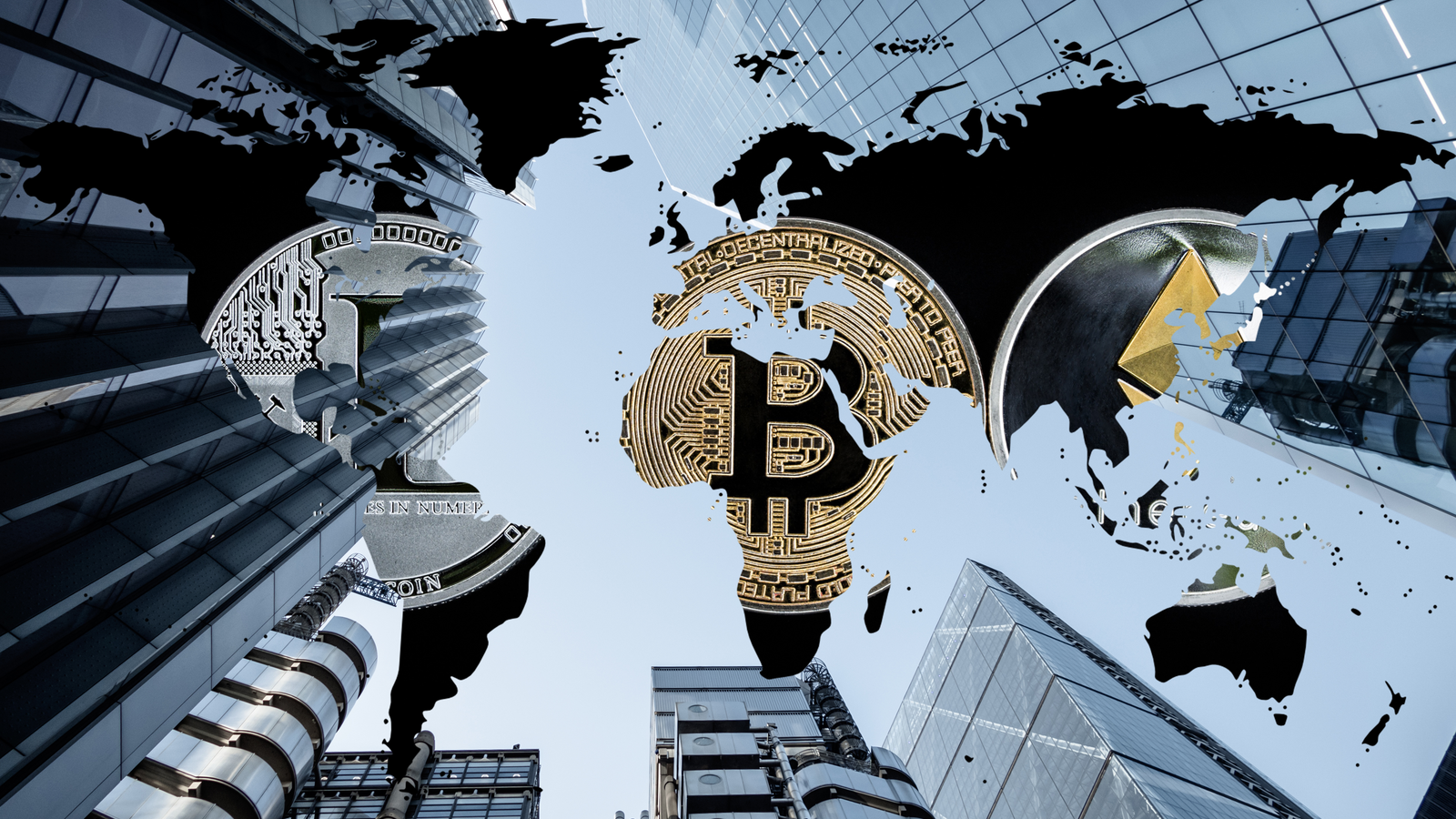 Une image de diverses représentations de crypto-monnaie superposées sur une carte du monde, avec des gratte-ciel en arrière-plan.