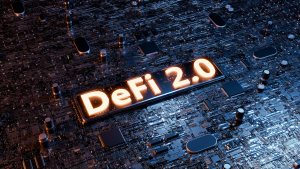 The words "DeFi 2.0" in yellow neon text on a dark circuit board background