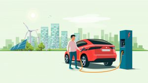 A concept image of a man charging a electric vehicle