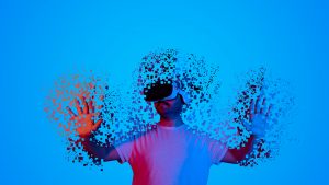 A concept image of a person with VR goggles turning pixilated