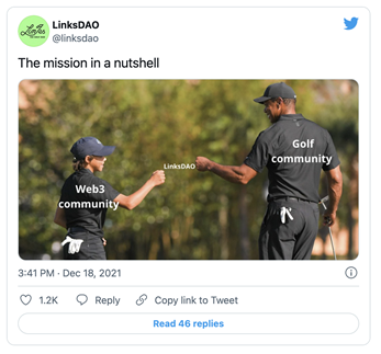 A screenshot of a tweet from LinksDAO showing two people about to fist bump labeled "Web3 community" and "golf community" with the space between them labeled "LinksDAO."