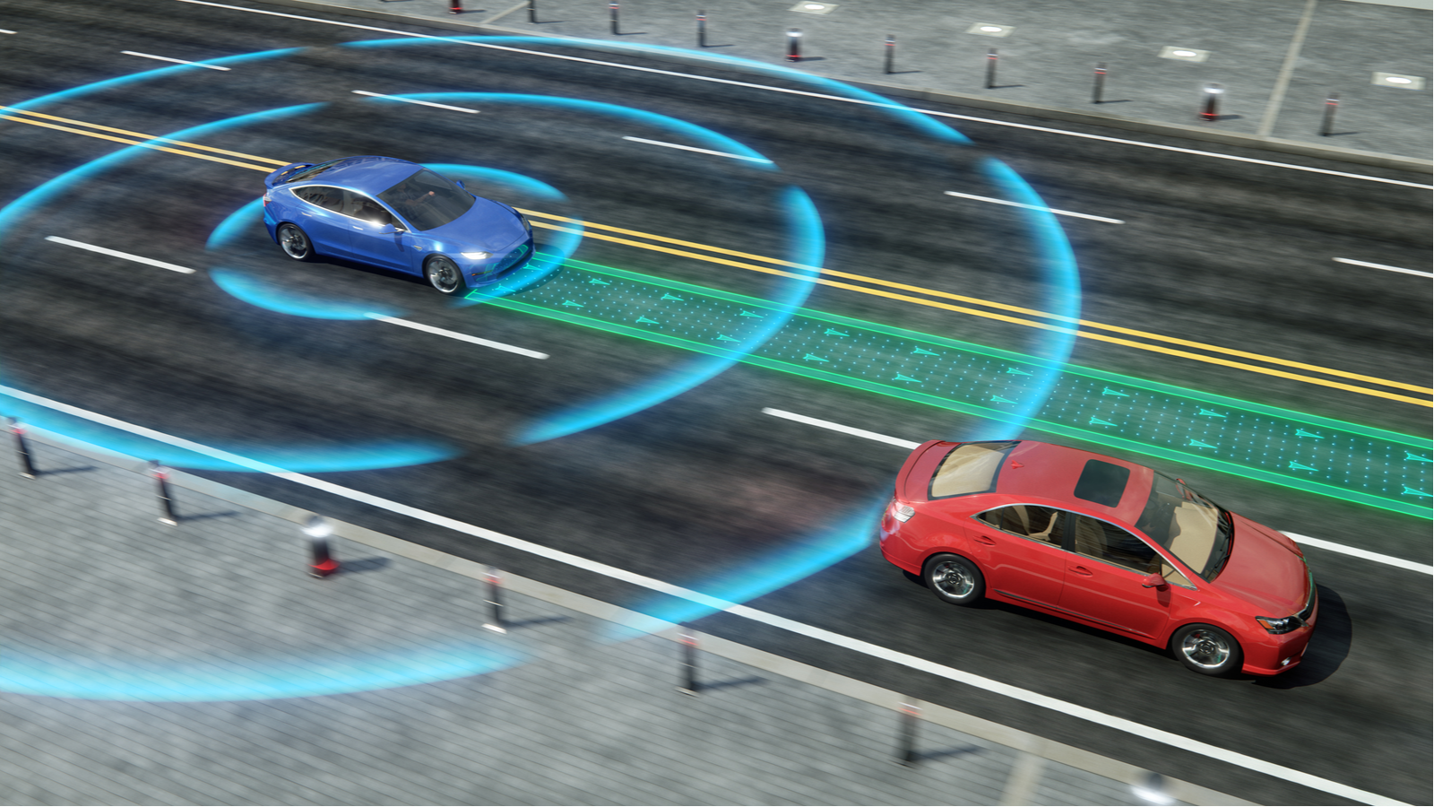 Autonomous self driving electric car using lidar change the lane and overtakes city vehicle