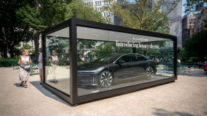 A Lucid (LCID) Air displayed in its own vitrine in Madison Square Park in New York. Lucid Motors started trading on the NASDAQ exchange via a SPAC merger.