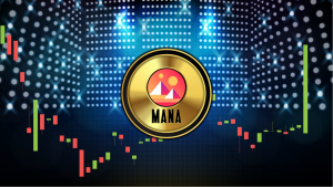 A concept image representing Decentraland (MANA) with a token displayed in front of a price chart and a grid of dots.